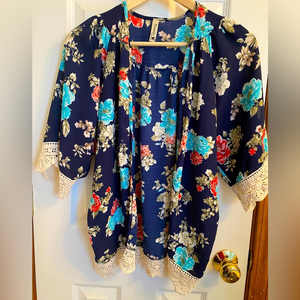 Pomelo women’s size S Spring floral Easter cardigan navy w/ white lace details